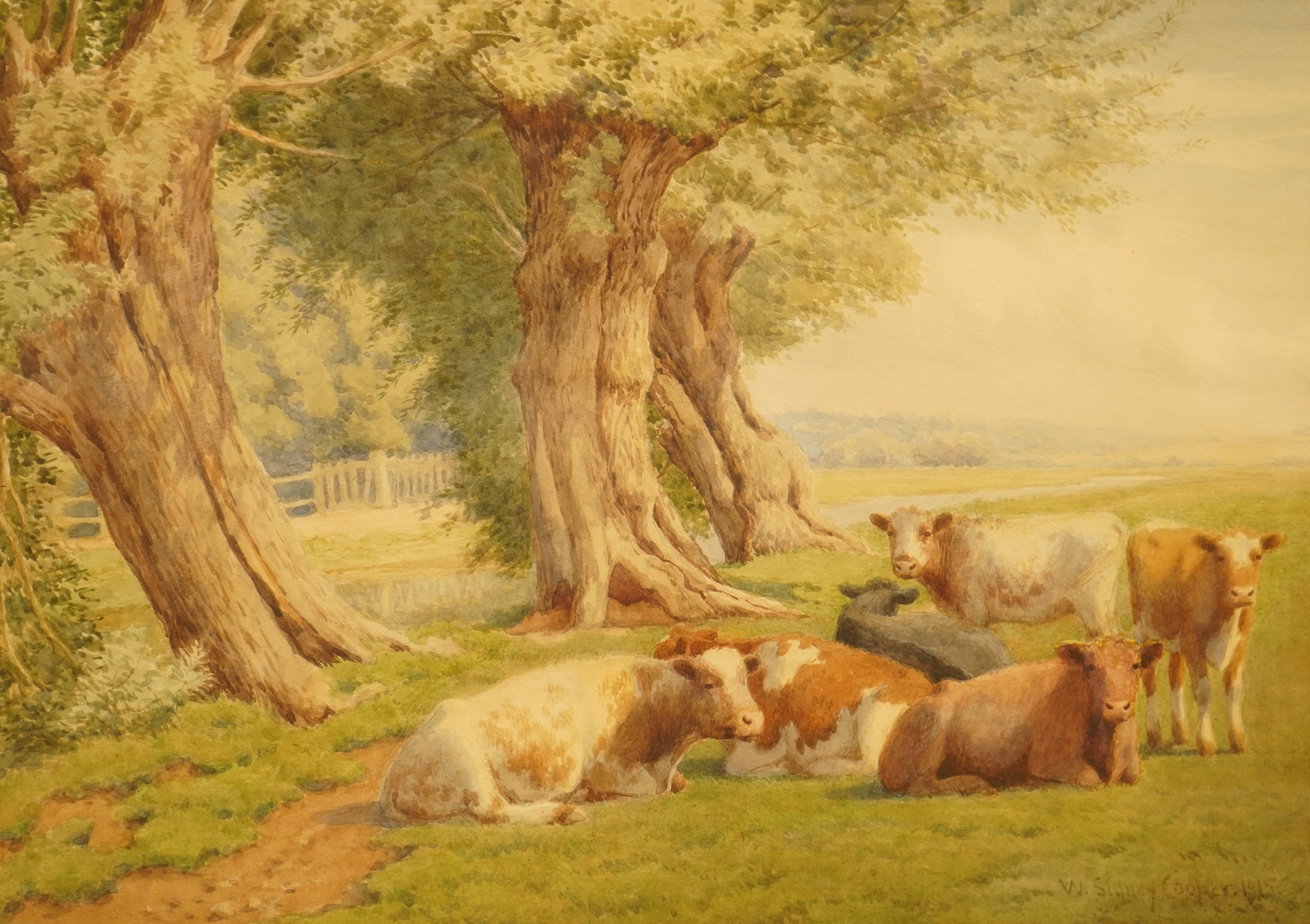 William Sidney Cooper (1854–1927), Cattle resting before trees, signed and dated 1915, watercolour, 25 x 34cm